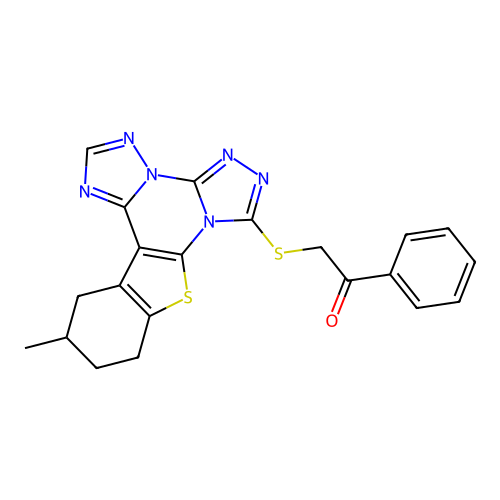 2-((12-methyl-10,11,12,13-tetrahydrobenzo[4,5]thieno[3,2-e]bis([1,2,4]triazolo)[4,3-a:1',5'-c]pyrimidin-7-yl)thio)-1-phenylethanone structure