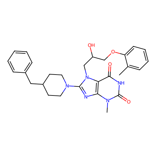 8-(4-benzylpiperidin-1-yl)-7-(2-hydroxy-3-(o-tolyloxy)propyl)-3-methyl-1H-purine-2,6(3H,7H)-dione structure