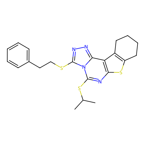 3-[(2-phenylethyl)sulfanyl]-5-(propan-2-ylsulfanyl)-8,9,10,11-tetrahydro[1]benzothieno[3,2-e][1,2,4]triazolo[4,3-c]pyrimidine structure