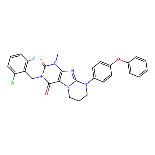 3-(2-chloro-6-fluorobenzyl)-1-methyl-9-(4-phenoxyphenyl)-6,7,8,9-tetrahydropyrimido[2,1-f]purine-2,4(1H,3H)-dione structure