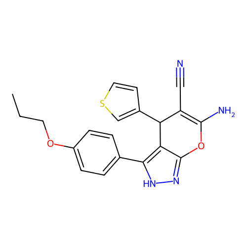 6-amino-3-(4-propoxyphenyl)-4-(thiophen-3-yl)-1,4-dihydropyrano[2,3-c]pyrazole-5-carbonitrile structure