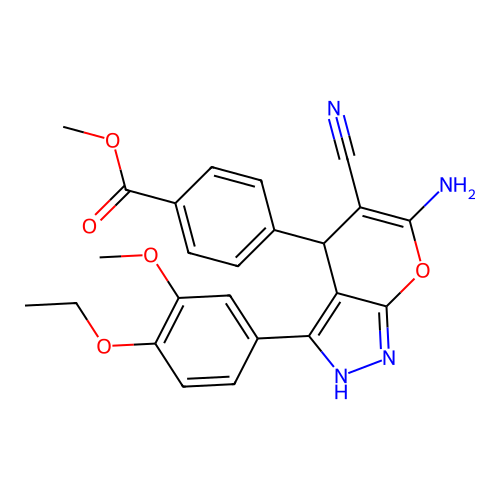 methyl 4-[6-amino-5-cyano-3-(4-ethoxy-3-methoxyphenyl)-2,4-dihydropyrano[2,3-c]pyrazol-4-yl]benzoate structure