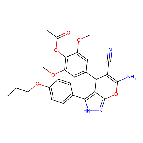[4-[6-amino-5-cyano-3-(4-propoxyphenyl)-2,4-dihydropyrano[2,3-c]pyrazol-4-yl]-2,6-dimethoxyphenyl] acetate structure