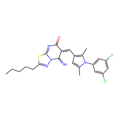 (6E)-6-[[1-(3,5-dichlorophenyl)-2,5-dimethylpyrrol-3-yl]methylidene]-5-imino-2-pentyl-[1,3,4]thiadiazolo[3,2-a]pyrimidin-7-one structure