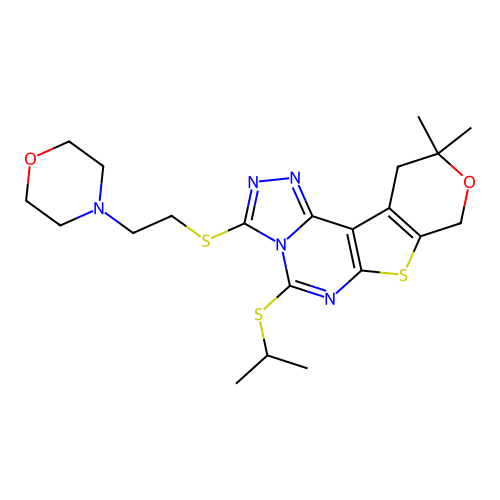 10,10-dimethyl-3-{[2-(morpholin-4-yl)ethyl]sulfanyl}-5-(propan-2-ylsulfanyl)-10,11-dihydro-8H-pyrano[4',3':4,5]thieno[3,2-e][1,2,4]triazolo[4,3-c]pyrimidine structure