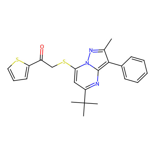 2-[(5-tert-butyl-2-methyl-3-phenylpyrazolo[1,5-a]pyrimidin-7-yl)sulfanyl]-1-(thiophen-2-yl)ethanone structure
