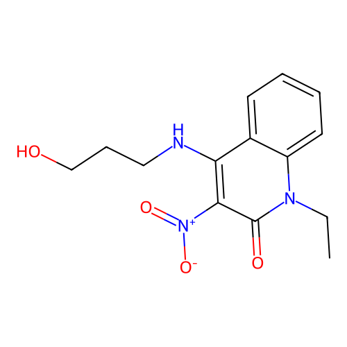 1-ethyl-4-((3-hydroxypropyl)amino)-3-nitroquinolin-2(1H)-one structure