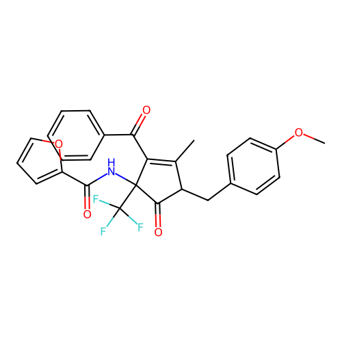 N-(2-benzoyl-4-(4-methoxybenzyl)-3-methyl-5-oxo-1-(trifluoromethyl)cyclopent-2-en-1-yl)furan-2-carboxamide structure