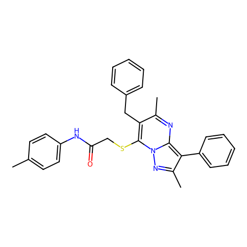 2-({6-benzyl-2,5-dimethyl-3-phenylpyrazolo[1,5-a]pyrimidin-7-yl}sulfanyl)-N-(4-methylphenyl)acetamide structure