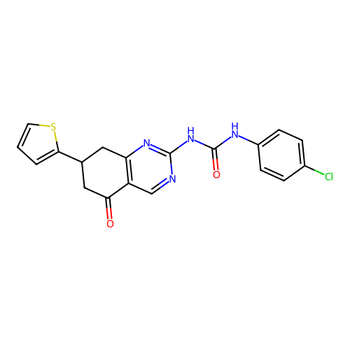 1-(4-chlorophenyl)-3-(5-oxo-7-(thiophen-2-yl)-5,6,7,8-tetrahydroquinazolin-2-yl)urea structure