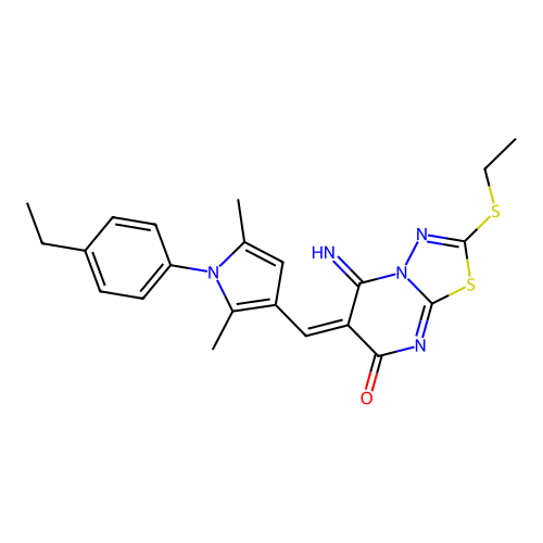 (E)-6-((1-(4-ethylphenyl)-2,5-dimethyl-1H-pyrrol-3-yl)methylene)-2-(ethylthio)-5-imino-5H-[1,3,4]thiadiazolo[3,2-a]pyrimidin-7(6H)-one structure