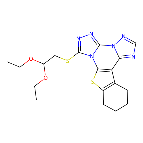 7-((2,2-diethoxyethyl)thio)-10,11,12,13-tetrahydrobenzo[4,5]thieno[3,2-e]bis([1,2,4]triazolo)[4,3-a:1',5'-c]pyrimidine structure