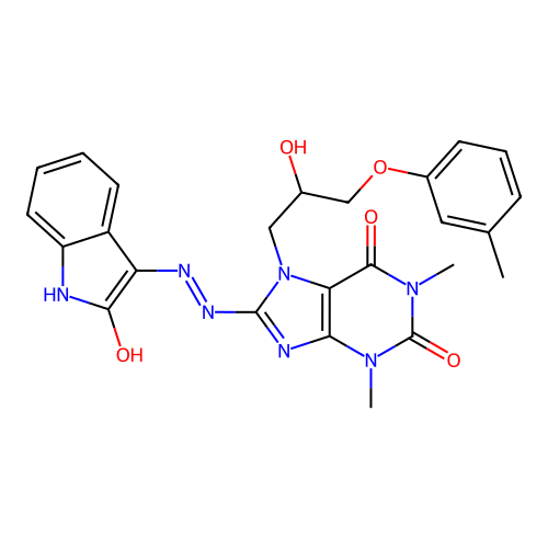(E)-7-(2-hydroxy-3-(m-tolyloxy)propyl)-1,3-dimethyl-8-(2-(2-oxoindolin-3-ylidene)hydrazinyl)-1H-purine-2,6(3H,7H)-dione structure