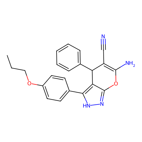 6-amino-4-phenyl-3-(4-propoxyphenyl)-2,4-dihydropyrano[2,3-c]pyrazole-5-carbonitrile structure