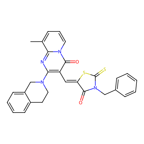 3-[(Z)-(3-benzyl-4-oxo-2-thioxo-1,3-thiazolidin-5-ylidene)methyl]-2-(3,4-dihydroisoquinolin-2(1H)-yl)-9-methyl-4H-pyrido[1,2-a]pyrimidin-4-one structure
