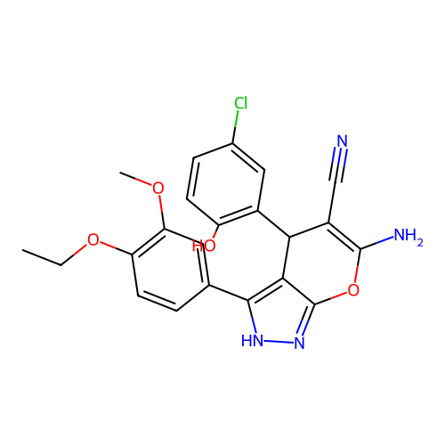 6-amino-4-(5-chloro-2-hydroxyphenyl)-3-(4-ethoxy-3-methoxyphenyl)-2,4-dihydropyrano[2,3-c]pyrazole-5-carbonitrile structure