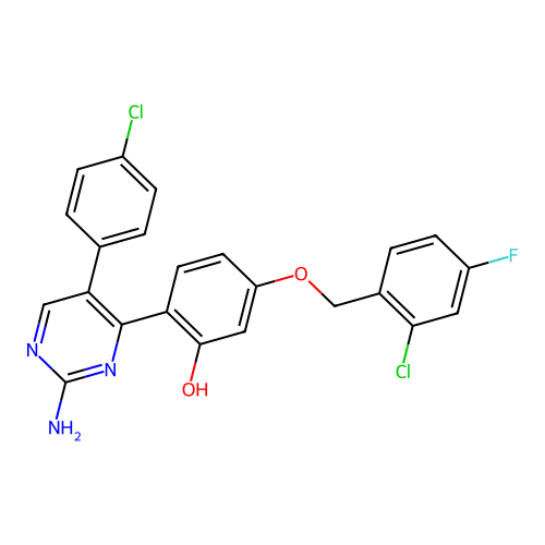 2-(2-amino-5-(4-chlorophenyl)pyrimidin-4-yl)-5-((2-chloro-4-fluorobenzyl)oxy)phenol structure