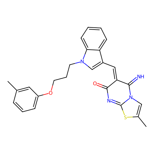 (6Z)-5-imino-2-methyl-6-[[1-[3-(3-methylphenoxy)propyl]indol-3-yl]methylidene]-[1,3]thiazolo[3,2-a]pyrimidin-7-one structure