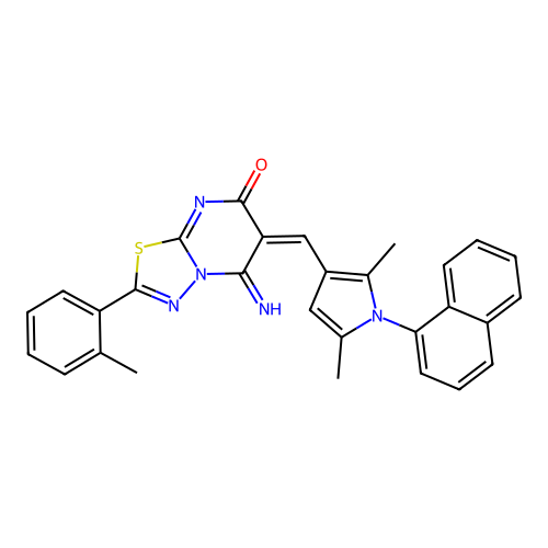 (6E)-6-[(2,5-dimethyl-1-naphthalen-1-ylpyrrol-3-yl)methylidene]-5-imino-2-(2-methylphenyl)-[1,3,4]thiadiazolo[3,2-a]pyrimidin-7-one structure