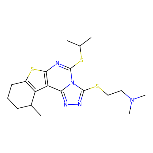 2-((5-(isopropylthio)-11-methyl-8,9,10,11-tetrahydrobenzo[4,5]thieno[3,2-e][1,2,4]triazolo[4,3-c]pyrimidin-3-yl)thio)-N,N-dimethylethanamine structure