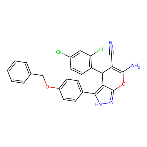 6-amino-3-(4-(benzyloxy)phenyl)-4-(2,4-dichlorophenyl)-1,4-dihydropyrano[2,3-c]pyrazole-5-carbonitrile structure