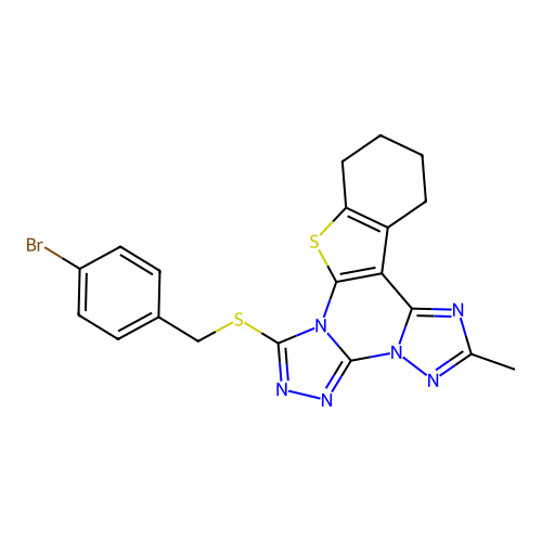 7-((4-bromobenzyl)thio)-2-methyl-10,11,12,13-tetrahydrobenzo[4,5]thieno[3,2-e]bis([1,2,4]triazolo)[4,3-a:1',5'-c]pyrimidine structure