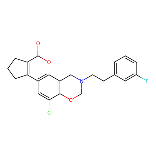 11-chloro-3-(3-fluorophenethyl)-3,4,8,9-tetrahydro-2H-cyclopenta[3,4]chromeno[8,7-e][1,3]oxazin-6(7H)-one structure