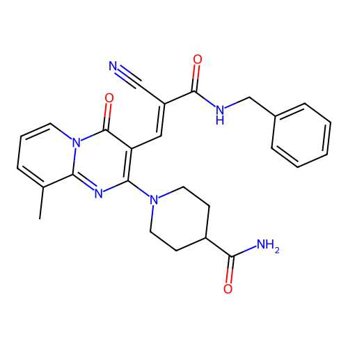 (E)-1-(3-(3-(benzylamino)-2-cyano-3-oxoprop-1-en-1-yl)-9-methyl-4-oxo-4H-pyrido[1,2-a]pyrimidin-2-yl)piperidine-4-carboxamide structure