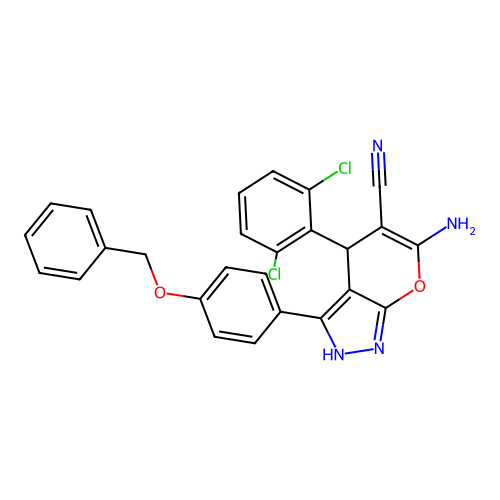 6-amino-3-(4-(benzyloxy)phenyl)-4-(2,6-dichlorophenyl)-1,4-dihydropyrano[2,3-c]pyrazole-5-carbonitrile structure
