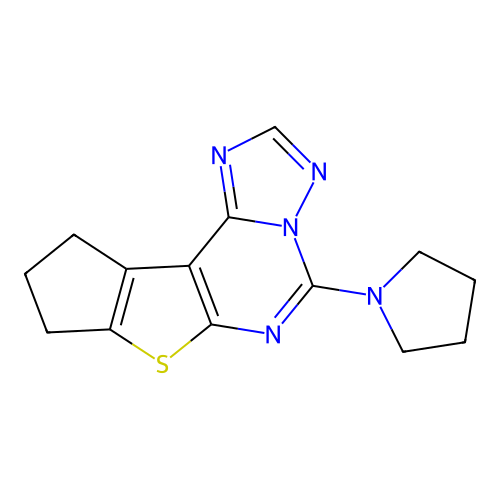 5-(pyrrolidin-1-yl)-9,10-dihydro-8H-cyclopenta[4,5]thieno[3,2-e][1,2,4]triazolo[1,5-c]pyrimidine structure