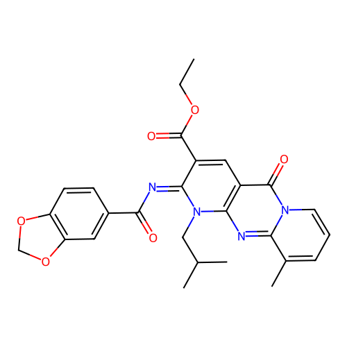 (Z)-ethyl 2-((benzo[d][1,3]dioxole-5-carbonyl)imino)-1-isobutyl-10-methyl-5-oxo-2,5-dihydro-1H-dipyrido[1,2-a:2',3'-d]pyrimidine-3-carboxylate structure