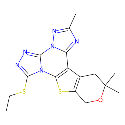 7-(ethylsulfanyl)-2,12,12-trimethyl-12,13-dihydro-10H-pyrano[4',3':4,5]thieno[3,2-e]bis[1,2,4]triazolo[4,3-a:1',5'-c]pyrimidine structure