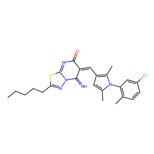 (6E)-6-[[1-(5-chloro-2-methylphenyl)-2,5-dimethylpyrrol-3-yl]methylidene]-5-imino-2-pentyl-[1,3,4]thiadiazolo[3,2-a]pyrimidin-7-one structure