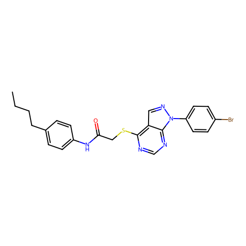 2-((1-(4-bromophenyl)-1H-pyrazolo[3,4-d]pyrimidin-4-yl)thio)-N-(4-butylphenyl)acetamide structure