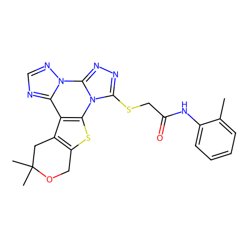 2-((12,12-dimethyl-12,13-dihydro-10H-pyrano[4',3':4,5]thieno[3,2-e]bis([1,2,4]triazolo)[4,3-a:1',5'-c]pyrimidin-7-yl)thio)-N-(o-tolyl)acetamide structure