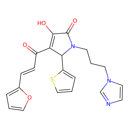 (E)-1-(3-(1H-imidazol-1-yl)propyl)-4-(3-(furan-2-yl)acryloyl)-3-hydroxy-5-(thiophen-2-yl)-1H-pyrrol-2(5H)-one structure