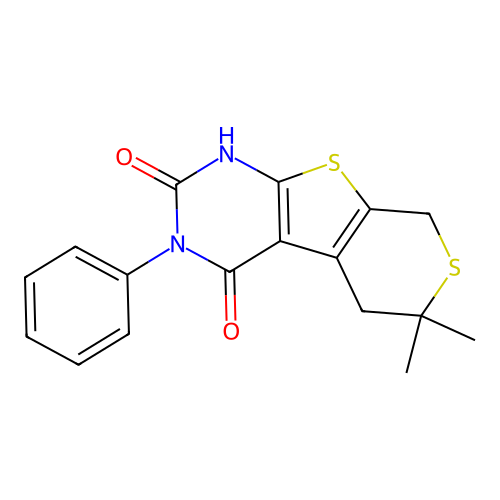 2-hydroxy-6,6-dimethyl-3-phenyl-3,5,6,8-tetrahydro-4H-thiopyrano[4',3':4,5]thieno[2,3-d]pyrimidin-4-one structure