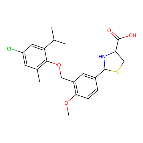 2-(3-((4-chloro-2-isopropyl-6-methylphenoxy)methyl)-4-methoxyphenyl)thiazolidine-4-carboxylic acid structure