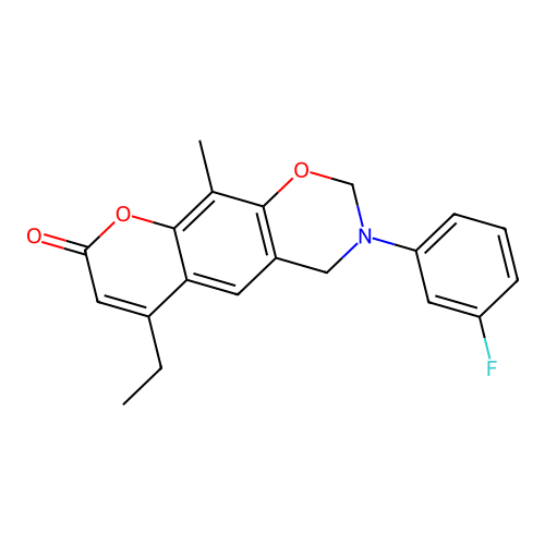 6-ethyl-3-(3-fluorophenyl)-10-methyl-2,4-dihydropyrano[3,2-g][1,3]benzoxazin-8-one structure