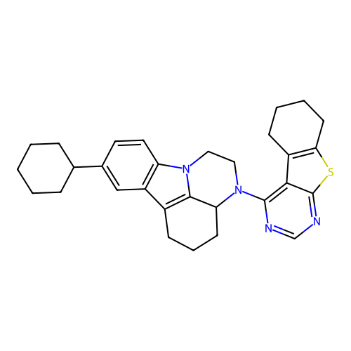 4-(8-cyclohexyl-3a,4,5,6-tetrahydro-1H-pyrazino[3,2,1-jk]carbazol-3(2H)-yl)-5,6,7,8-tetrahydrobenzo[4,5]thieno[2,3-d]pyrimidine structure