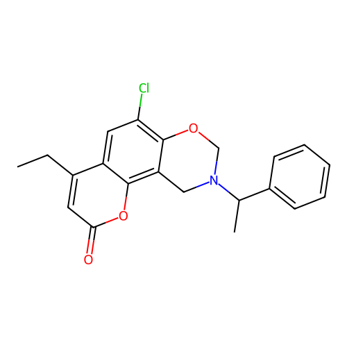 6-chloro-4-ethyl-9-(1-phenylethyl)-8,10-dihydropyrano[2,3-f][1,3]benzoxazin-2-one structure