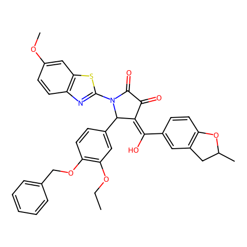 (4E)-5-(3-ethoxy-4-phenylmethoxyphenyl)-4-[hydroxy-(2-methyl-2,3-dihydro-1-benzofuran-5-yl)methylidene]-1-(6-methoxy-1,3-benzothiazol-2-yl)pyrrolidine-2,3-dione structure
