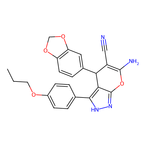 6-amino-4-(1,3-benzodioxol-5-yl)-3-(4-propoxyphenyl)-2,4-dihydropyrano[2,3-c]pyrazole-5-carbonitrile structure