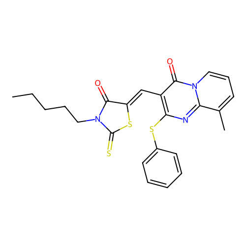 9-methyl-3-[(Z)-(4-oxo-3-pentyl-2-thioxo-1,3-thiazolidin-5-ylidene)methyl]-2-(phenylsulfanyl)-4H-pyrido[1,2-a]pyrimidin-4-one structure