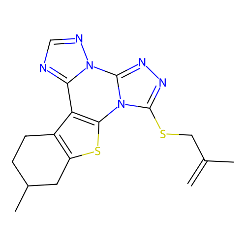 11-methyl-7-((2-methylallyl)thio)-10,11,12,13-tetrahydrobenzo[4,5]thieno[3,2-e]bis([1,2,4]triazolo)[4,3-a:1',5'-c]pyrimidine structure