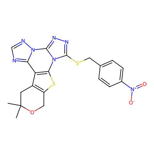 12,12-dimethyl-7-((4-nitrobenzyl)thio)-12,13-dihydro-10H-pyrano[4',3':4,5]thieno[3,2-e]bis([1,2,4]triazolo)[4,3-a:1',5'-c]pyrimidine structure