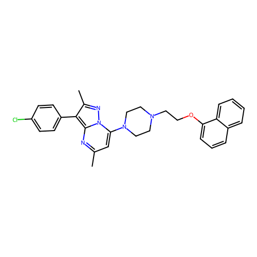 3-(4-chlorophenyl)-2,5-dimethyl-7-{4-[2-(naphthalen-1-yloxy)ethyl]piperazin-1-yl}pyrazolo[1,5-a]pyrimidine structure