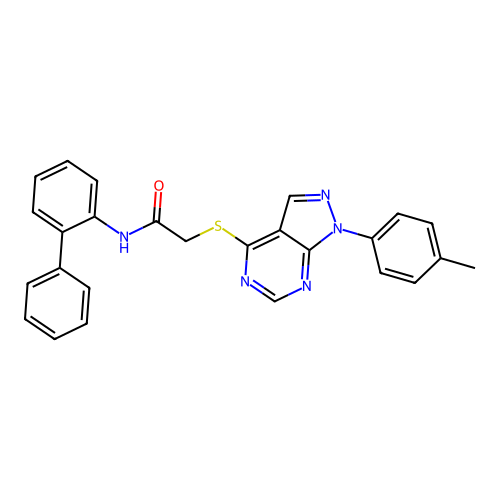 2-[1-(4-methylphenyl)pyrazolo[3,4-d]pyrimidin-4-yl]sulfanyl-N-(2-phenylphenyl)acetamide structure