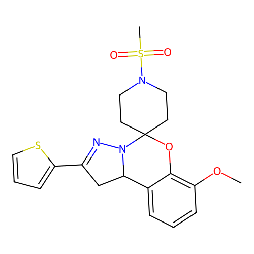 7'-methoxy-1-(methylsulfonyl)-2'-(thiophen-2-yl)-1',10b'-dihydrospiro[piperidine-4,5'-pyrazolo[1,5-c][1,3]benzoxazine] structure