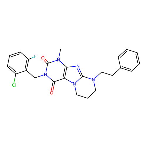 3-[(2-chloro-6-fluorophenyl)methyl]-1-methyl-9-(2-phenylethyl)-1H,2H,3H,4H,6H,7H,8H,9H-pyrimido[1,2-g]purine-2,4-dione structure